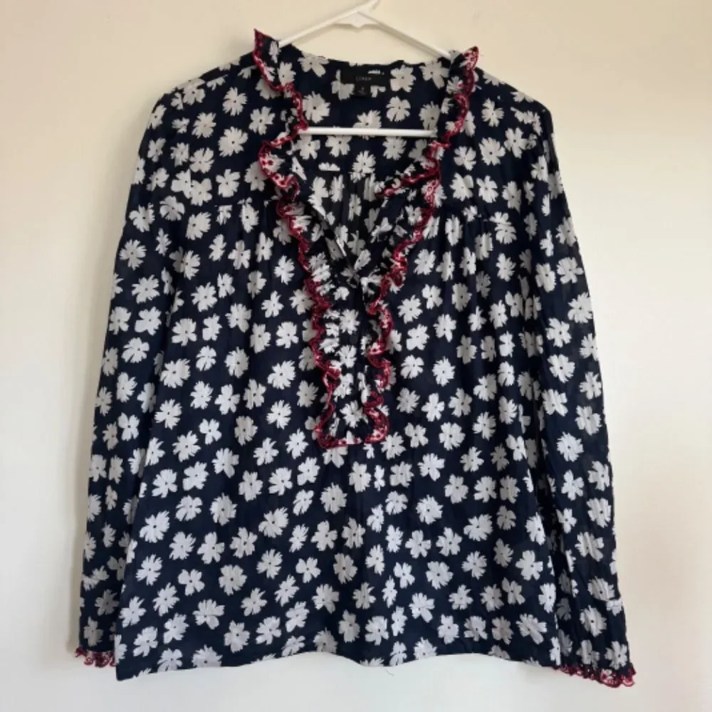 J. Crew Embroidered Ruffle Blouse - Blue/White Daisy Floral Pattern | Size S